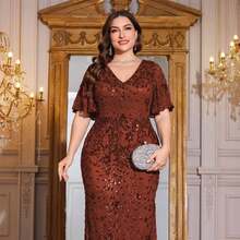 hezixi High Quality Stretch Elegant Sparkling Sequin Splice Bodycon Plus Size V-Neck Dress, For Evening Date, Wedding, Birthday Party, Anniversary, Cocktail, Formal Gala, Wedding Guest, Bachelorette Party, Holiday, Summer/Fall - Rust Brown - View 8