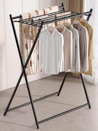 Perchero Plegable en X de Acero Negro - Base Amplia Estable para Ropa, Zapatos, Bolsas y Almohadas - Incluye Hebilla Plegable, Alto 110cm, Ahorra Espacio Ideal para Dormitorio/Lavandería