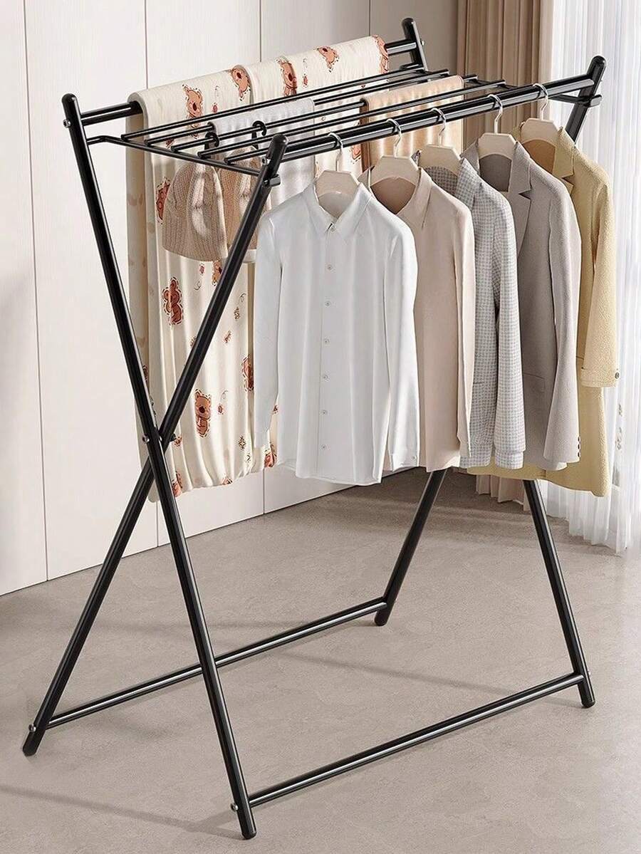 Perchero Plegable en X de Acero Negro - Base Amplia Estable para Ropa, Zapatos, Bolsas y Almohadas - Incluye Hebilla Plegable, Alto 110cm, Ahorra Espacio Ideal para Dormitorio/Lavandería