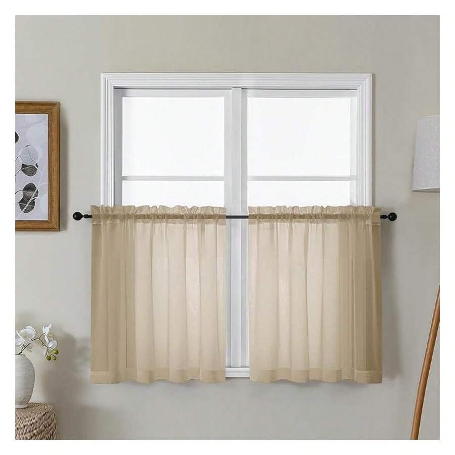 Taupe Sheer Curtain Tiers 24 Inch Length, Light Filtering Voile Short Curtain For Living Room Bedroom, Rod Pocket Cafe Curtains For Small Windows 42x24 Inch, 2PCS - 多色128 - 查看 1