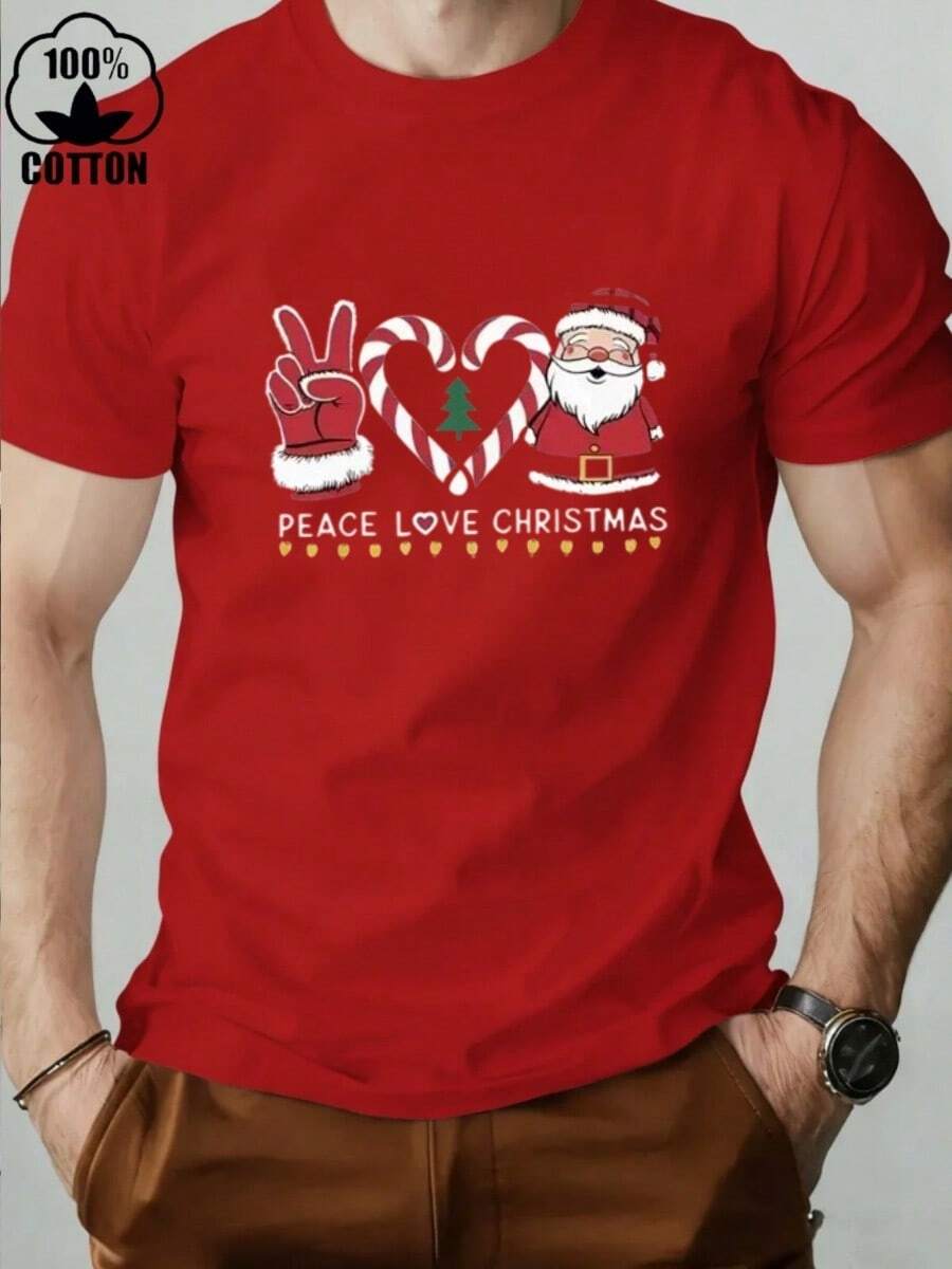Una camiseta navideña nueva, informal y elegante para hombre, hecha 100 % de algodón. Esta ligera camiseta de verano es perfecta para fiestas de disfraces y para el día a día. Su cuello redondo y su capacidad para lavar a máquina la convierten en la opción ideal para las celebraciones navideñas. Su llamativa letra facilita su cuidado, ideal para las compras navideñas. - Rojo - Ver 1