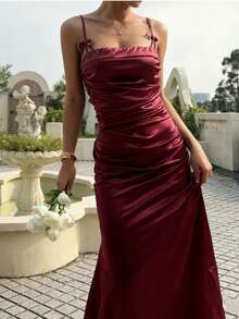 WOWDARK Women's Autumn Fashion Ruched Satin Split Hem Dress, Christmas - Burgundy - View 10