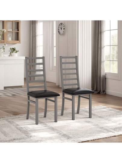 Set Of Dining Chairs Steel Legs PU Leather Seats Kitchen Living Room Zwart Grijs view 2