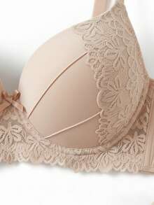 1pc Lace Patchwork Women's Bra, Solid Color Minimalist Underwire Sexy Bra - Apricot - View 4