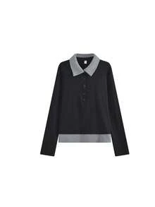 2 In 1 Polo Neck Black & Grey Versatile Slimming Autumn T-Shirt Undershirt Casual - Black - View 5