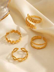 4pcs/Set Stainless Steel Minimalist Leaf Line Design Rings Set, Suitable For Women's Daily And Party Wear - Multicolor - View 4