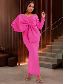 Women Long Party Dresses Bare Shoulder Big Bow Large Size Slim Bodycon Dresses Celebrity Birthday Dinner Occasion Gowns - 玫紅色 - 查看 1