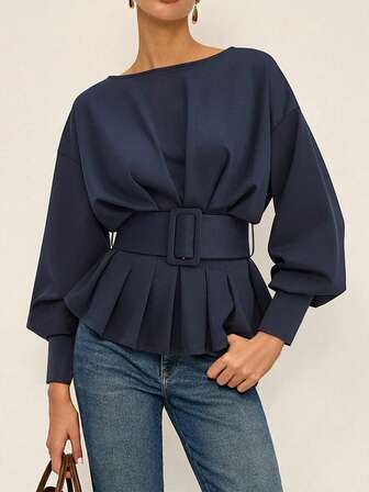 女士优雅通勤灯笼袖船领上衣，宽腰带设计，纯色针织面料，适合办公室和日常穿着，春秋季款