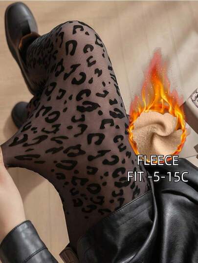 1 Pair Plus Size Women's Winter Leopard Print Thick Tights, Black Sexy Animal Pattern Leggings, Autumn/Winter Thermal Lined Skinny Pants And Stockings, Suitable For Work Attire And Business Wear