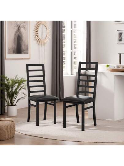 Set Of Dining Chairs Steel Legs PU Leather Seats Kitchen Living Room Zwart Grijs
