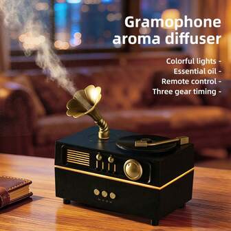 Vintage Gramophone Aroma Diffuser, Can Add Essential Oils, With 7-Color Ambient Lighting, 3-Level Timer Setting, Quiet Operation, Fine Mist, Suitable For Bedroom/Living Room Humidifier (Oils Not Included)