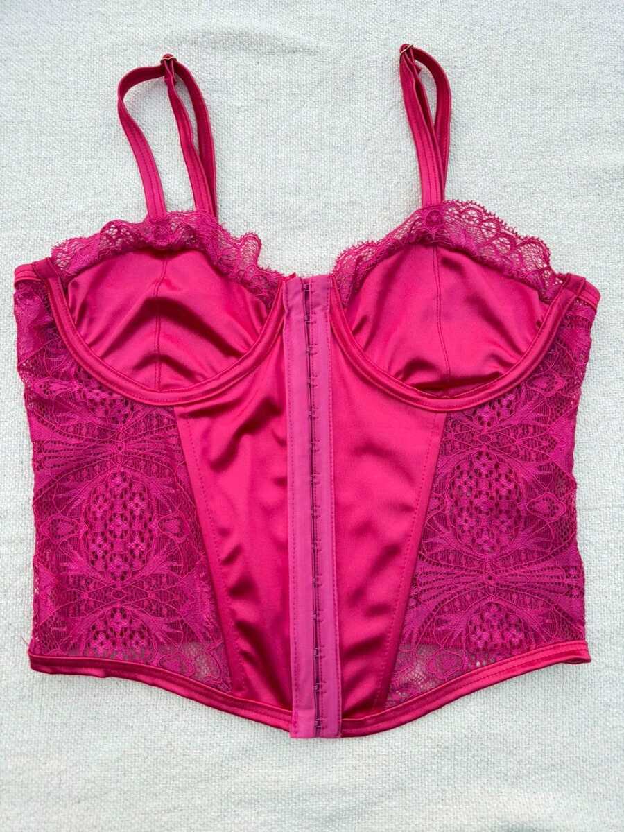 Cropped Corset With Front Opening And Closure, Simple Lace Corset For Evening Wear. - 玫紅色 - 查看 1