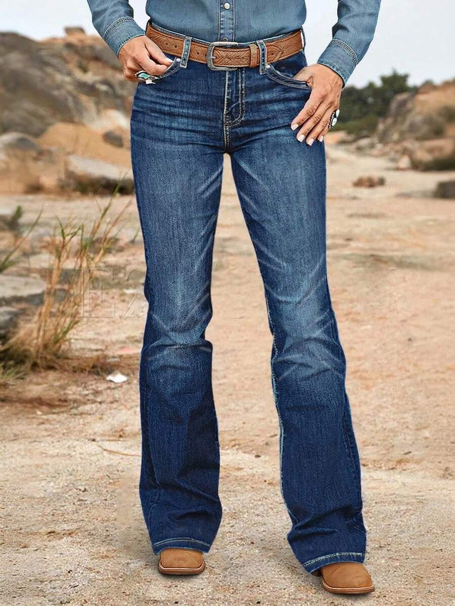 Women's Stretch Vintage Flared Jeans With Classic Pockets And Whisker Wash Detail - Rửa tối - Xem 1