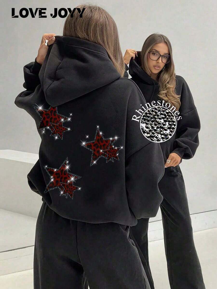 LOVE JOYY High Street Fashion Women Loose Long Sleeve Pullover Hoodie With Angel Wings Rhinestone Decor, Pocket, Blingbling Streetwear, Autumn/WinterY2Y-W- Gras - Đen 6 - Xem 1