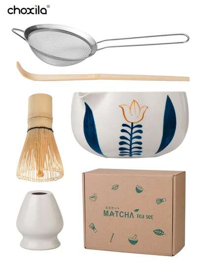 choxila 1/5pcs Matcha Traditional Starter Set, Matcha Whisk Set, Matcha Tea Making Kit Set, Includes Matcha Bowl (With Pouring Spout), Bamboo Matcha Whisk (Chasen), Scoop (Chashaku), Whisk Holder, Matcha Sifter, Gift Box