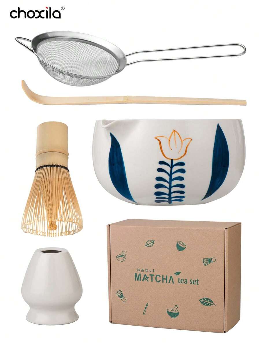 choxila 1/5pcs Matcha Traditional Starter Set, Matcha Whisk Set, Matcha Tea Making Kit Set, Includes Matcha Bowl (With Pouring Spout), Bamboo Matcha Whisk (Chasen), Scoop (Chashaku), Whisk Holder, Matcha Sifter, Gift Box