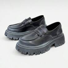 Men's Black & Gray Leather Glossy Retro Thick Sole Loafers, Serrated Anti-Slip Slip-On Minimalist Fashion Loafers, Round Toe College Outdoor Casual Loafers, Spring & Autumn - Black and Gray - View 2