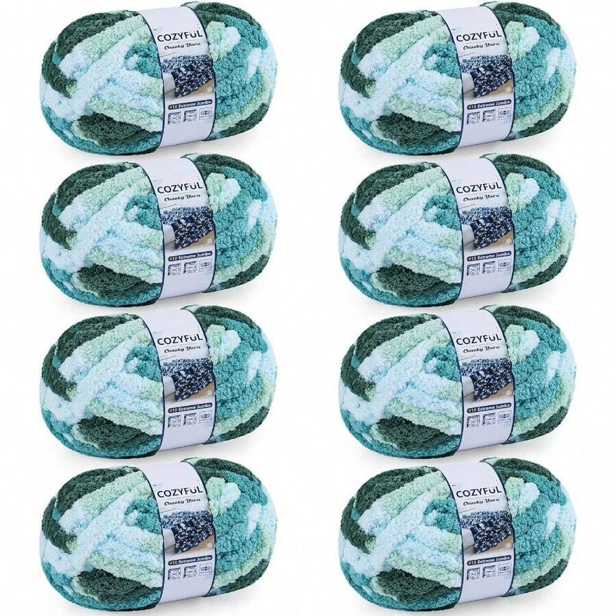Chunky Yarn Hand Knitting - #10 Chunky Chenille Blanket Yarn, Jumbo Big Thick Chunky Yarns Crocheting, Tie Dye Bulky Knit Yarns, 8 Skein 25 Yds 8 Oz Each Skein SageKhaki - 8 件裝 + 森林色 & 青色 & 天空色 & 薄荷色 - 查看 1