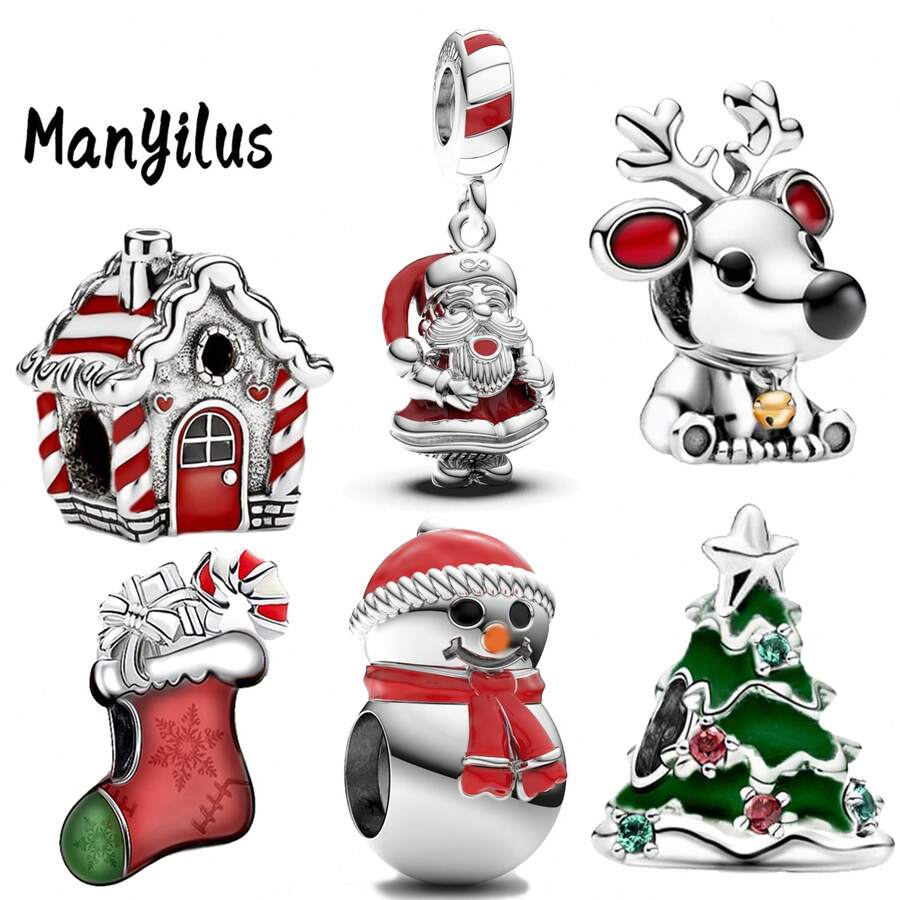 Manyilus Manyilus Original 1 Stück 925 Sterling Silber Weihnachtsmann, Weihnachtsren, Weihnachtsbaum, Weihnachtsmann, Weihnachtshaus, Weihnachtsstrumpf, Weihnachts-Charm-Serie Anhänger. Geeignet für Armbänder & Halsketten, sie sind perfekte Geschenke für Familie und Freunde - ideal als Weihnachtsgeschenke, Geburtstagsgeschenke und Freundschaftstaggeschenke.