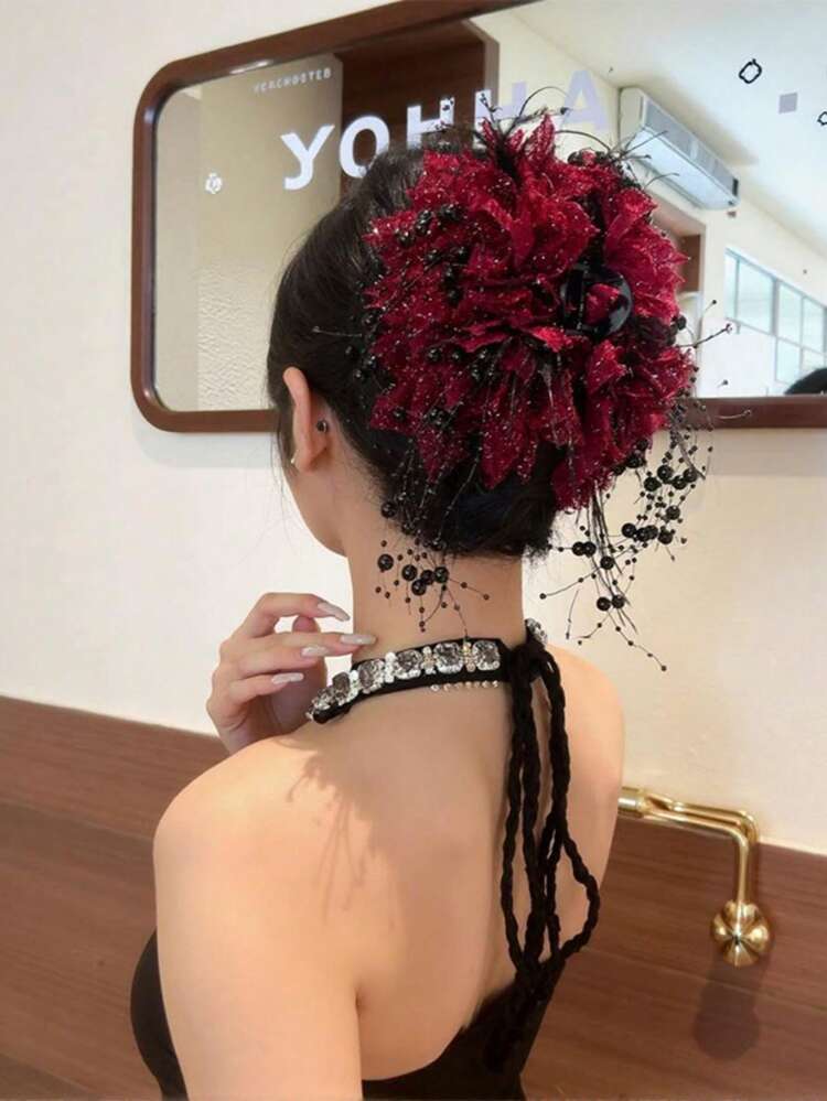 1件秋冬复古牡丹流苏羽毛发夹，2025新款双面全发夹，高端珍珠羽毛百搭时尚大号发爪，闪亮花朵，蓬松发饰 - 彩色 - 查看 3