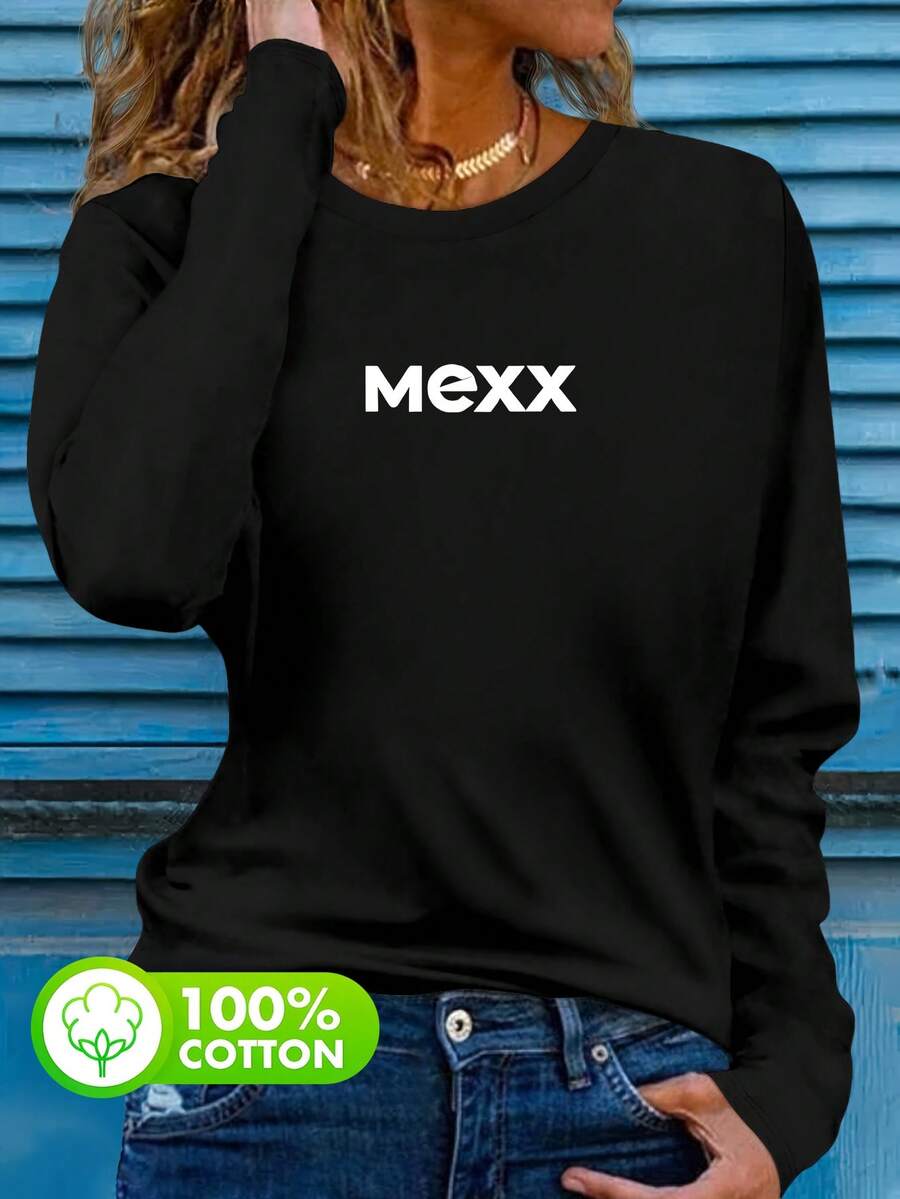 Women's Black 100% Cotton Autumn Simple Letter Print Round Neck Simple Casual Daily Top, Mexx Letter Pattern Printed Women's Top, Black Background White Letter Pattern Printed Women's Long-Sleeved T-Shirt