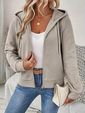 Chaqueta casual con capucha y cuello de béisbol con cremallera de unicolor para mujer