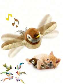 1pc Random Color Migipaws Cat Doll, Interactive Realistic Singing Bird Flapping Wings Doll With Cat, Suspended By Elastic Cord, Auto Chirping, Suitable For Indoor Cat Play. Sparrow Bird Plush Pet Doll, Durable & Chewable, With Squeaky Sound, For Cat & Dog Interaction, Realistic Bird Plush Doll With Sound