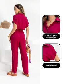 Women's Long Jumpsuit With Adjustable Belt And Pocket, 100% Viscose, Elegant And Sophisticated For All Occasions, Sizes P To GG - Màu Hoa hồng đỏ - Xem 2