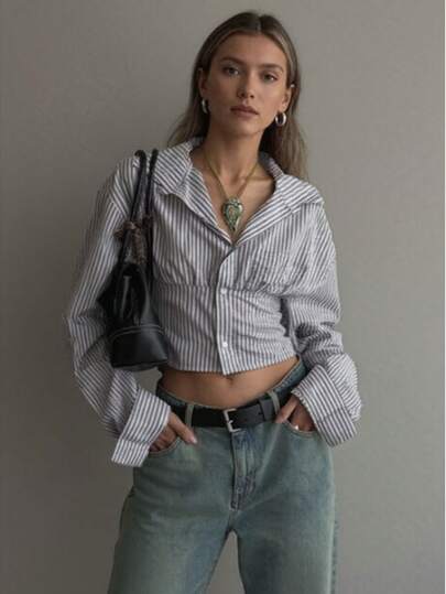 Women's Striped Drop Shoulder Long Sleeve Button Front Casual Shirt, Suitable For Date Night, Holiday, Office, Daily, Airport, Travel, Stage And Concert