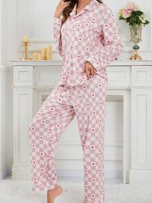 2 件套女士随机格子和心形印花时尚舒适翻领开衫长袖裤睡衣套装，春秋轻便 - 粉色 - 查看 6