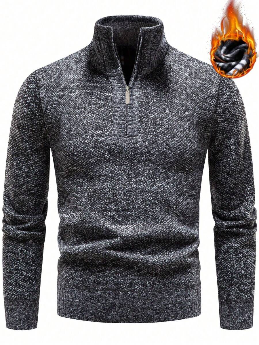1pc Men's Solid Color Casual Comfortable Business Commute High Collar Half Zip Pullover Knit Sweater, Warm For Winter