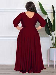 Plus Size Women V-Neck Waist Cinched Solid Color Dress Elegant - Burgundy - View 2