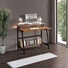 Techigher Computer Desk With Monitor Stand, Modern Metal Frame Laptop Notebook PC Study Writing Student Makeup Table Desk With Storage-Shelves For Home Office - Brown - View 8