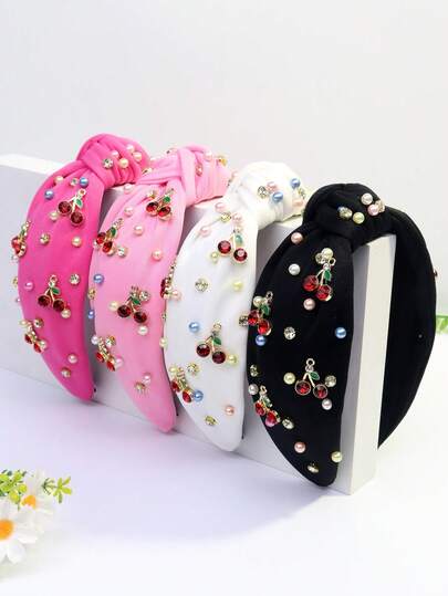 1pc Women's Red Crystal, Blue, Pink, White Pearl Cute Polyester Knotted Headband