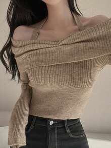 Women's Solid Color Ribbed Ruffle Hem Casual Turtleneck Long Sleeve Sweater, Autumn/Winter - Camel - View 3