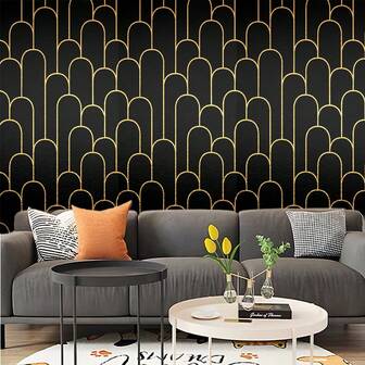 1롤 자가 접착 벽지, 블랙 기하학적 골든 스트라이프 패턴, 껍질을 벗겨 붙이는 방수 및 제거 가능, 거실, 주방, 침실, 기숙사 등에 적합, 가구 개조, 장식 및 실용적으로 사용할 수 있으며 벽지, 벽 스티커, 벽 장식, 방 장식, 침실 장식 등으로 적용 가능