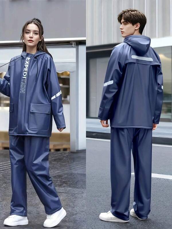 Impermeable de motocicleta azul marino para mujer, impermeable casual de PVC con capucha, estilo B31, equipo de clima fashionable, transpirable y duradero, conjunto de impermeable y pantalones impermeables para mujer - equipo transpirable y duradero para montar en motocicleta, senderismo y viajes