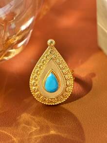 1 peça estilo sultão vintage design de gota d'água incrustado vermelho/esmeralda/ciano claro pedra anéis de ouro 18k para mulheres, perfeito para festa, banquete, decoração de casamento, acessório elegante com design delicado, uso diário versátil, ideia de presente requintada