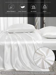 3/4pcs Satin Fitted Sheet Set, Bedding Set, Bed Sheets, Solid Color Bed Sheet Set, White Bedding Set, Mattress Cover Set, Skin-Friendly Bed Cover Set,  Soft And Comfortable Bedding, 1pc Flat Sheet, 1pc Fitted Sheet With 1/2pcs Pillowcase, Deep Pocket, For Single/Twin/Full/Queen/King Bed Sizes, Luxury Bedding, Machine Washable, Cool Touch For Sleeping, Perfect Valentine's Day Gift, Valentine's Day, Valentine's Gift - 白色 - 查看 6