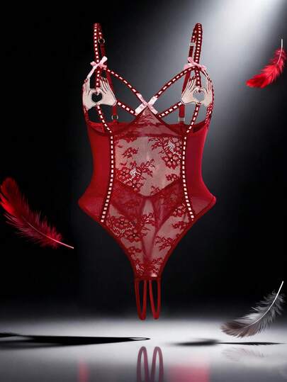 New Women's Sexy Lingerie Visual Waist-Slimming Cut With Lace-Up Bow Detail Adjustable Straps, Contrasting Color Open Crotch Fitted Jumpsuit Comfortable Homewear Erotic Bodysuit