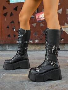 2025秋冬新款女士高帮厚底骑士靴，深色蝙蝠翼朋克风圆头系带机车长靴 - 黑色 - 查看 2