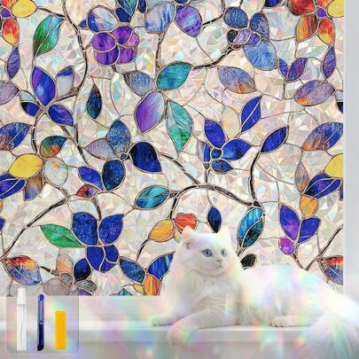 Stained  Window Privacy Film Decorative Rainbow Static Clings Ideal For Home And Office Adhesive-Free Removable UV-Blocking Purple Rainbow 17.5 X 78.7 In