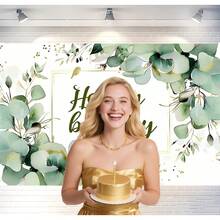 1pc Green Plant Birthday Background, Succulents And Eucalyptus Leaves Birthday Party Photography Background, Polyester Material, Blooming Eucalyptus Leaves Photo Background, Happy Birthday Party Decoration Supplies For Christmas Decorations, Indoor And Outdoor Wall Decoration, Multiple Sizes, Party Supplies