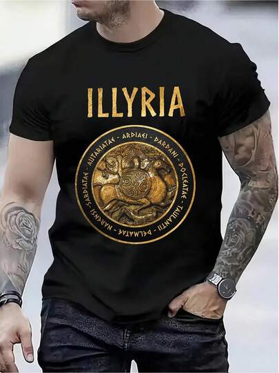 Men's Black Ancient Illyrian Warrior T-Shirt - Vintage History Buffs Shirt With Illyrian Text & Greek/Roman Lettering - Bold ILLYRIA Graphic - Regular Fit Crew Neck Casual Streetwear - Machine Washable All-Season Top - Durable Construction For History Enthusiasts & Casual Attire - Ancient  Heritage Design - Ideal For Costume Events & Casual Outfits - Spartan/ Macedonian Inspired