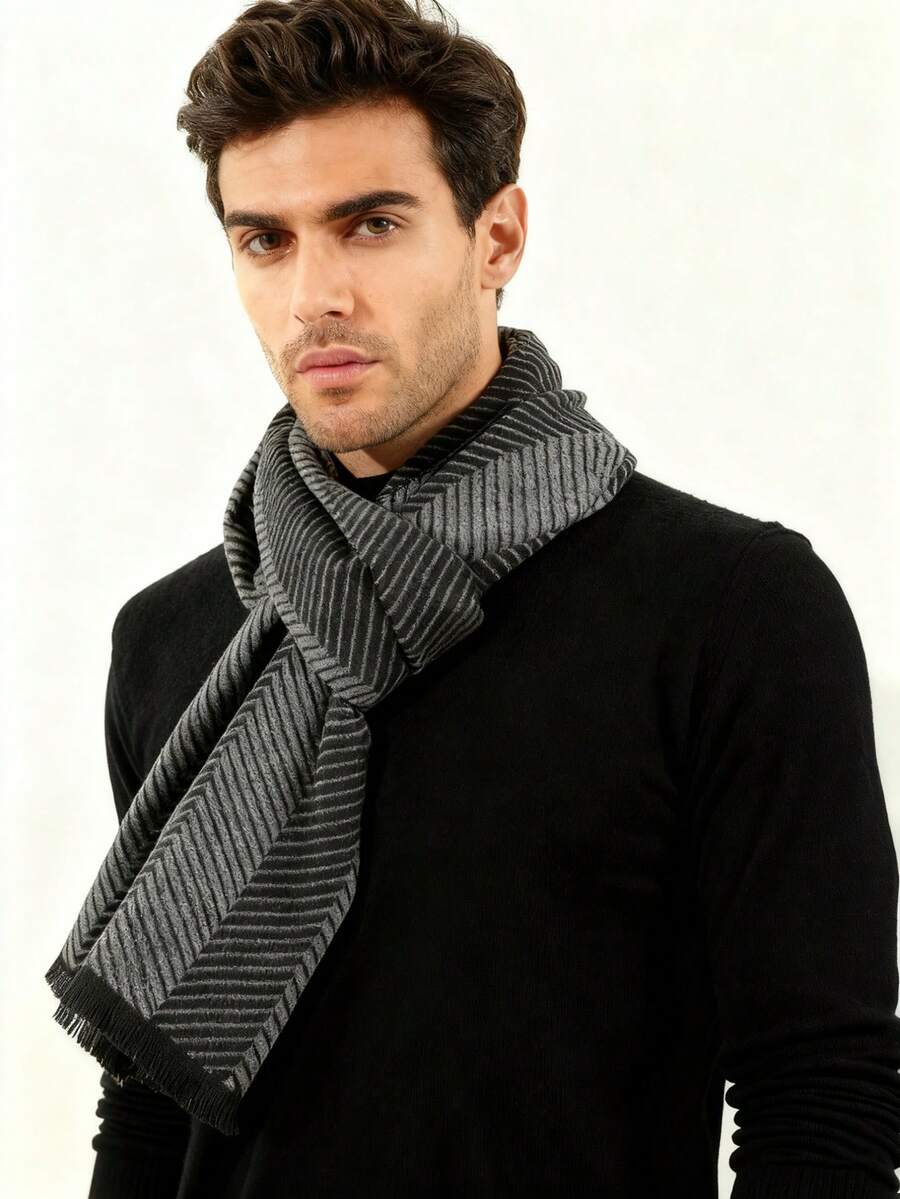 1 Stück Herren lässiger, vielseitiger, modischer kurzer Quasten-Schal mit gestreiftem Karomuster, Schwarz, geeignet für Winterkleidung, tägliche Fahrten und Ausflüge