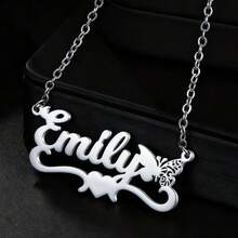 1pc Customized Delicate Heart & Butterfly 12 Month Personalized Name Necklace, 18K Gold Plated Necklace, Personalized Gift, Birthday Gift, Mother's Day Gift - Silver - View 3