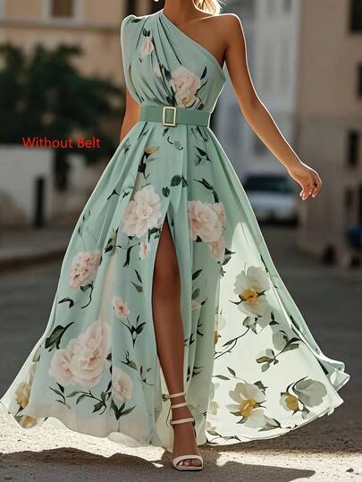 Women's Floral Print Green Flower Ruffle Hem A-Line Dress, Elegant Sleeveless Dress, Without Belt Vacation