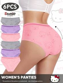 Sanrio 6pcs Sanrio Kitty & Kuromi Mid-Waist Printed Seamless Underwear For Women