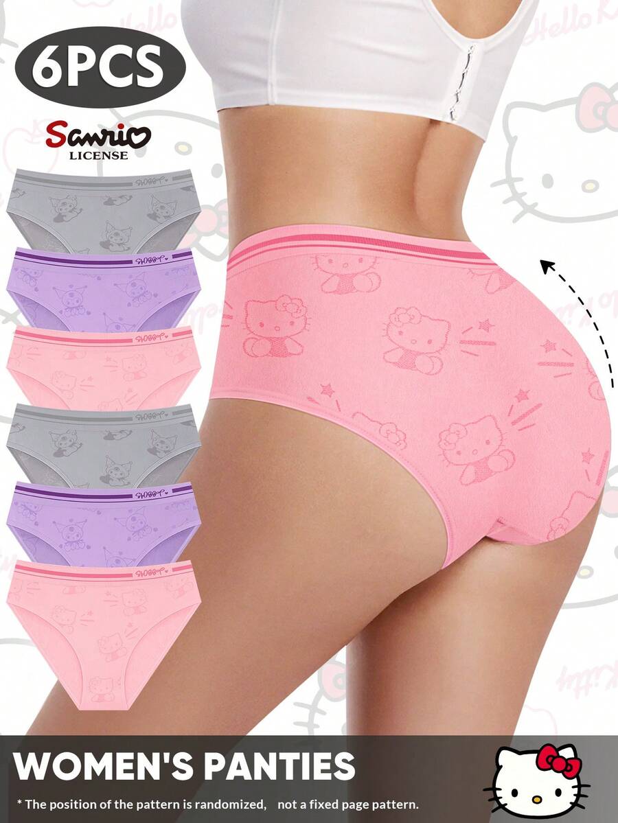 Sanrio 6pcs Sanrio Kitty & Kuromi Mid-Waist Printed Seamless Underwear For Women