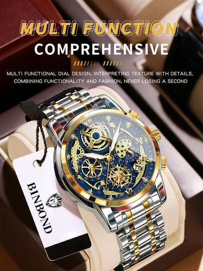 BINBOND Luxury Fashion Casual Quartz Men Watch Stainless Steel Strap Luxury Dial Luminous 30M Waterproof Business Men WristWatch